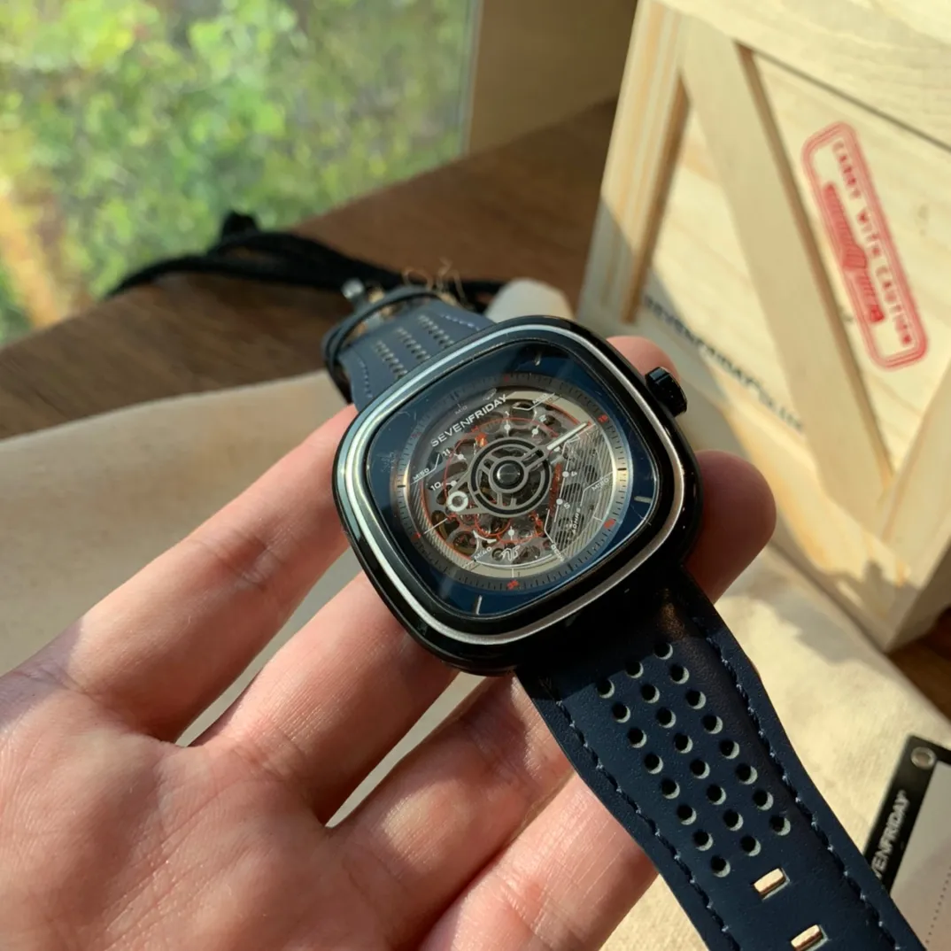 【Tmall Authentic Product】💰1720! Seven Fridays new shipment T3/01 details, dial diameter 45×45.5mm, blue calfskin strap, strap hole design, red lining, black PVD stainless steel case, tempered mineral glass mirror!